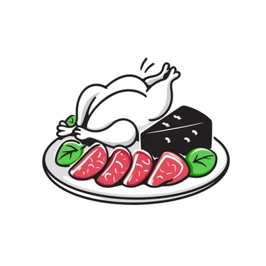 A plate with red meat, chicken, spinach, and cheese arranged together. sticker