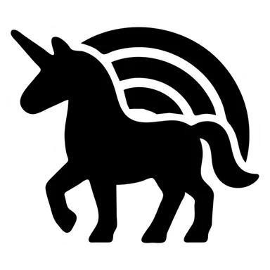 A unicorn in a black filled icon style, with a rainbow. sticker