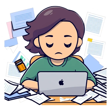 tired woman at a desk with a MacBook, surrounded by messy papers, emphasizing disorganization sticker
