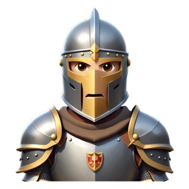 clash-of-clans-aesthetic_-cinematic-fearsome-and-majestic-knight-bust-portrait-emoji, rendered in a flat, vector-style with minimal shading and bold, simplified shapes, depicting a battle-ready medieval knight with steely eyes and intricate armor, mounted on a warhorse reflecting sunlight over a misty battlefield. sticker