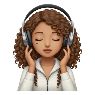 Light brown skin girl, long curly brown flat hair, eyes closed, headphones on listing to music sticker