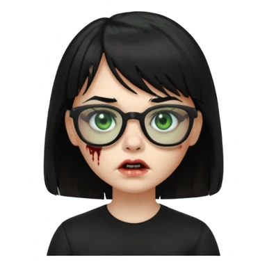 A zombie girl in Apple Memoji format with straight black hair with bangs, wearing a black shirt and black glasses sticker