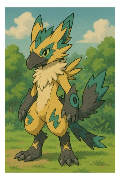 Sergal-Protogen-Trico-Renamon-Lombax-Zeraora-Vernid-fusion-hybrid-creature, drawn in a Pokémon/Digimon style sticker