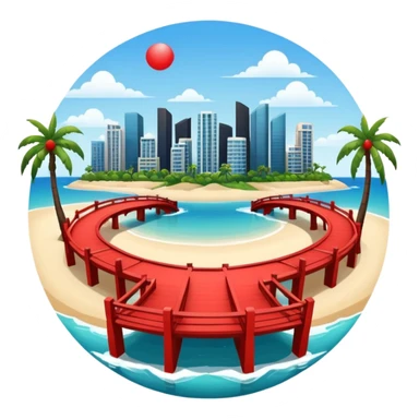 a circle island with modern buildings, a beach with palm trees and a red bridge in the back  sticker