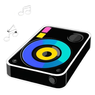 compact speaker with colorful music notes floating above sticker