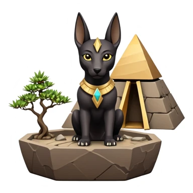 Protecting silky black-haired tiny statuette young miniature Anubis and pyramid scenery stone-age cracked irregular dodecagon bonsai pot  sticker