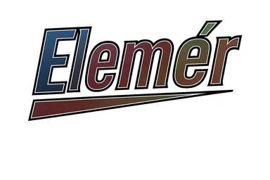 Elemér name in masculine, modern, gradient font with dark contour, thin and clearly visible white border around letters, dynamic slanted underline, masculine color shades (blue, gray, burgundy, green, brown), 1000x1000 px, PNG, transparent background, in the style of the uploaded Attila sample. sticker