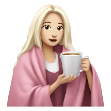 A pretty white girl with very long black hair  in a pink blanket sipping coffee sticker