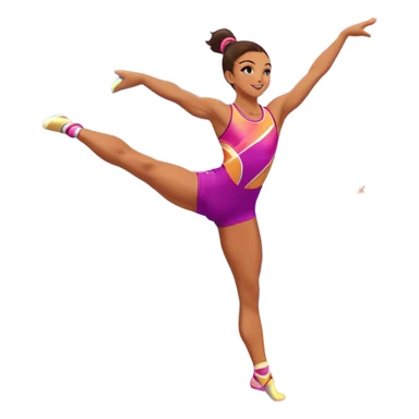 A professional performing a dynamic aerobic routine, dressed in a vibrant workout outfit. The gymnast is mid-jump, arms extended gracefully, with one leg lifted in a high kick. The background features a spacious fitness studio with mirrors, colorful mats, and energetic lighting.  sticker