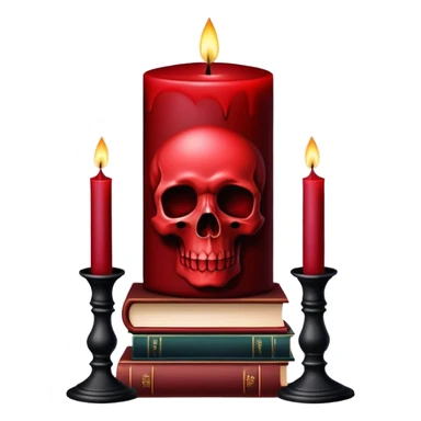 Dark Red candle on a black stand, books, skull, gothic style, beautiful aesthetic  sticker