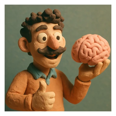 Enhance the claymation man holding a brain by adding more depth and dimension to the image. Make him more attractive and quirky, inspired by the first version, with dark curly hair, thick mustache, light skin, claymation style, visible fingerprints, and pastel colors. sticker