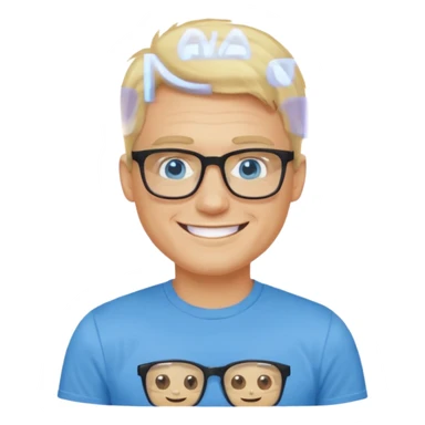 portrait of adult man no old man, wearing a t-shirt, square glasses, grinning face, blond hair sticker
