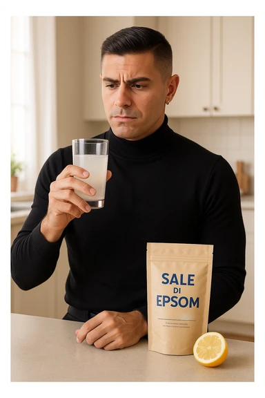 A realistic, bright photo-style image of a young man in his 30s standing in his kitchen, holding a clear glass filled with water in which Epsom salt (magnesium sulfate) has been dissolved. He looks focused but slightly uncertain as he prepares to drink it for a liver flush or digestive cleanse. The glass shows slight cloudiness from the dissolved salt. On the counter are a packet labeled 'Sale di Epsom' and a sliced lemon, suggesting he might use it to mask the taste. The setting is clean, natural, and bright with neutral tones. The background shows sunlight streaming through a window, emphasizing a clean, minimalist health-focused environment. The mood conveys a realistic, calm moment of self-care with a hint of discomfort, illustrating a natural detox practice in italiano sticker