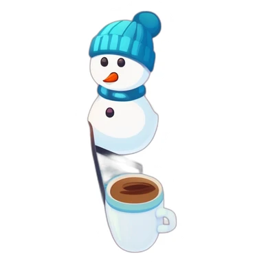cute female snowman with a laptop holding a coffee mug and wearing a beanie sticker