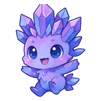 chibi kawaii crystal sprite creature in purple, blue, and pink colors, jumping pose, cute and adorable sticker