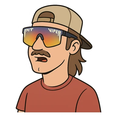 flat toon style guy with mullet and baseball cap, wearing polarized Pit Viper glasses sticker