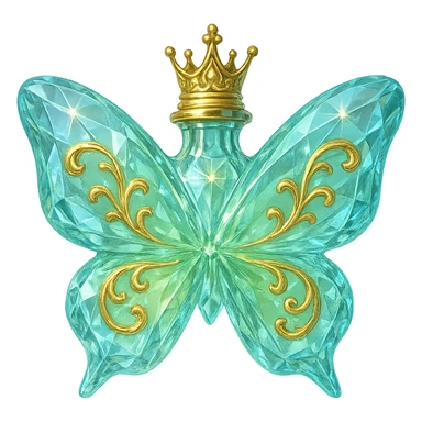 Make the neck of the crystal butterfly-shaped bottle smaller and shorter for a subtle look. Add a small, elegant princess crown as the stopper on top. Keep the bottle crystal clear with golden details, predominantly light green (#c0ff53) and blue colors. The background should be transparent with a beautifully blended bottom and the bottle appearing to float in the air. The design should be bright, fantasy style, without any base or shadow. sticker