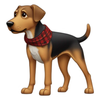 adult 75% Coonhound 25% German Shepherd mix dog with visible tail wearing small pointed red buffalo plaid bandana full body walking left quickly sticker