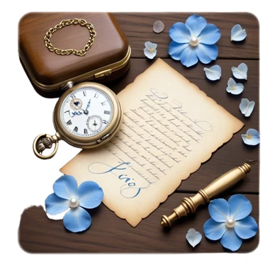An elegant still life of a vintage pocket watch with an engraved case, lying next to a faded love letter sealed with a pearl wax stamp, surrounded by delicate white and blue floral petals.
 sticker