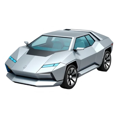 A futuristic chrome car emoji, sharp geometric body design inspired by cybertruck aesthetics, smooth silver metallic surface, matte and glossy chrome mix, minimal details, soft reflections, clean edges, iOS emoji style, centered, clean white background, soft studio lighting, no text sticker
