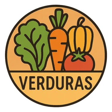 the word VERDURAS in a circular badge design with assorted vegetable motifs and earthy tones, produce label sticker