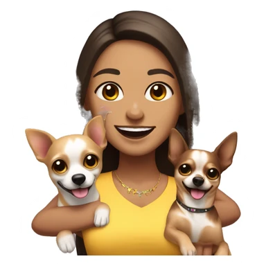 light skin rave woman with long dark brown hair expressing joy alongside a light brown chihuahua sticker