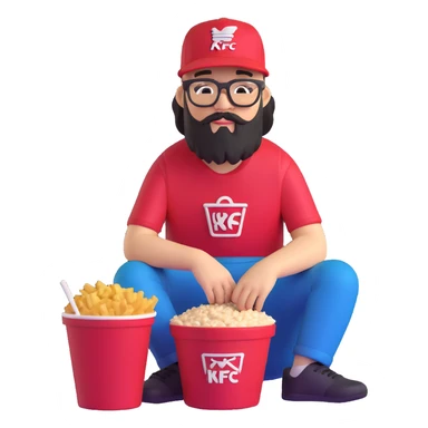 BBNO$ rapper sitting in a KFC bucket, glasses, beard, snapback cap sticker