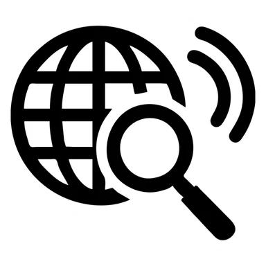 solid black filled icon logo for intelligence news channel, globe with magnifying glass and news waves, simple impactful sticker