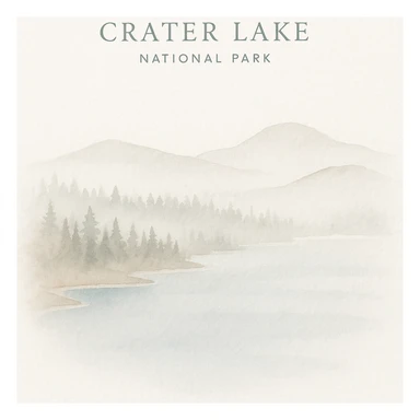 Crater Lake National Park, watercolor style, soft blue lake, misty pine forests, gentle mountains, tranquil atmosphere sticker