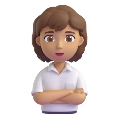 3D emoji style character with short tousled brown hair, light skin, neutral expression, wearing a white shirt, head centered, neutral background sticker