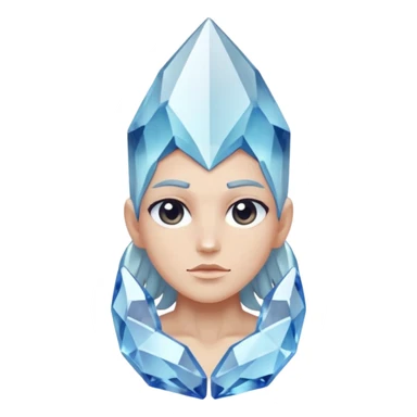 A single crystal character inspired by a clear quartz cluster, chunky base with many tall transparent crystal spikes growing upward all around it with a face sticker