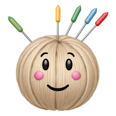 ball of beige mohair wool with knitting needles, needles have iOS smiley faces sticker