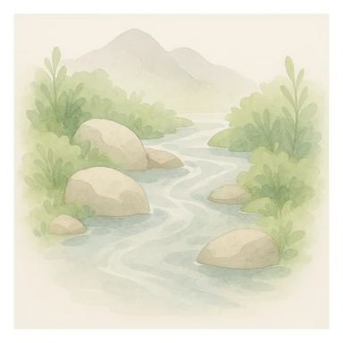 soft watercolor illustration in a minimalist modern style of a natural mountain stream flowing over rocks, surrounded by lush green vegetation, crystal clear water, pastel colors, delicate linework, gentle whimsical mood, minimal soft shading sticker