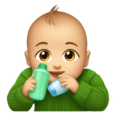 a 2 month old baby with a green sweater and brown eyes drinks his bottle sticker