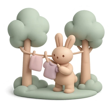 bunny hanging laundry between trees, calming domestic forest feel, soft pastel colors, cushion style sticker