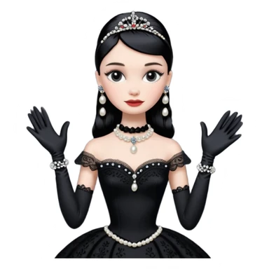Audrey Hepburn as Sabrina Barbie.Wednesday Addams. Show full body wearing Embroidered long black gown jewelry gloves pearl earrings  sticker