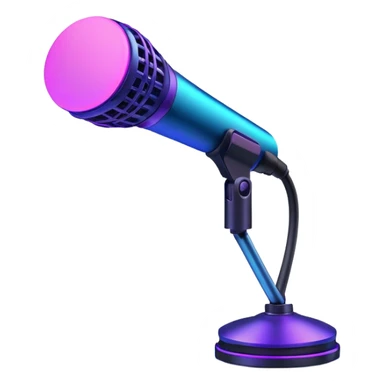 desktop studio microphone in profile view with neon glow effect, blue and purple neon glow on top left, pink neon glow on bottom right sticker