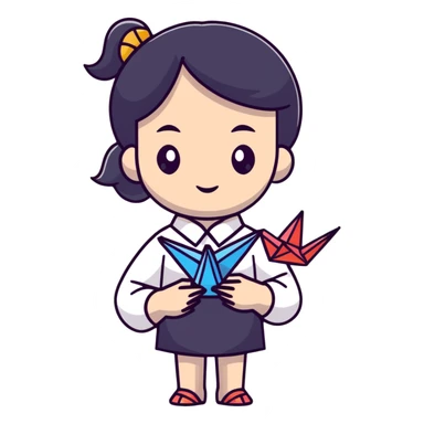 Ukrainian young girl in a white embroidered traditional shirt (vyshyvanka) holding origami paper crane sticker