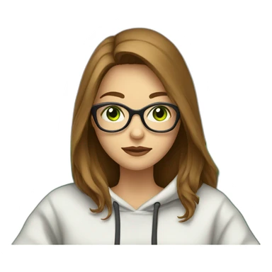 a white wearing girl glasses and a hoddie with green eyes and brown long hair sitting on a couch watching tv sticker
