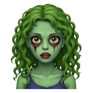 faça uma garota zombie, com a pele verde, cabelo castanho cacheado abaixo do ombro linda sticker