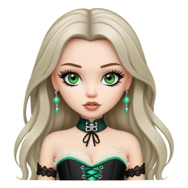 pretty bratz girl, long straight light ashy brown hair, jade green eyes, black eyeliner, pale skin, black corset clothes with laces sticker