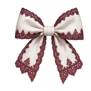 Edit the image to depict a white gothic bow with lace details and dark pink accents, in a general style. Remove the background. sticker