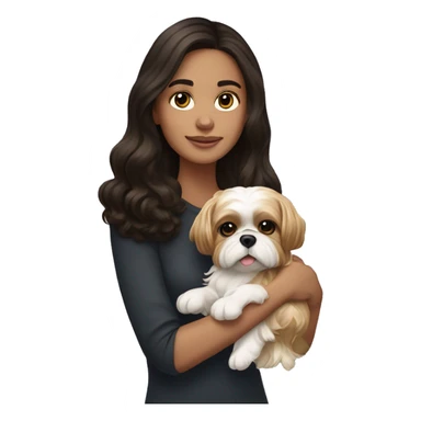 Young dark brunette medium kin hair woman with a golden shih tzu in her arms long wavy hair sticker