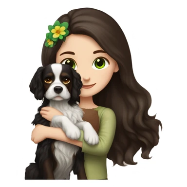 pale skin girl with green eyes with long dark brown hair that has a flower in her hair  holding a black and brown cavalier dog the dog also has a flower in its hair sticker