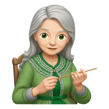 elderly women  working knitting in long hair green dress sticker