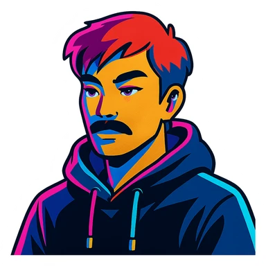 Asian man with black mustache, red hair, black hoodie, in vibrant neon-lit 80's cyberpunk anime style sticker