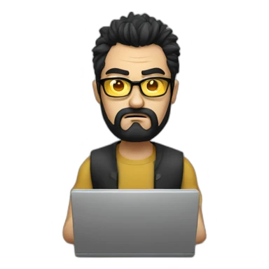 angry men with black hair and beard with golden glasses coding on computer sticker