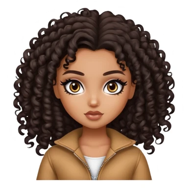 pretty bratz girl, curly dark brown hair, dark brown eyes, black eyeliner, tan skin sticker