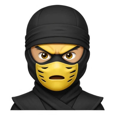 angry ninja face emoji, classic yellow emoji style, all black ninja mask, no mouth, glaring eyes, black ninja headband tie sticker