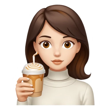 white brunette with brown eyes and a white outfit, drinking a caramel machiatto sticker